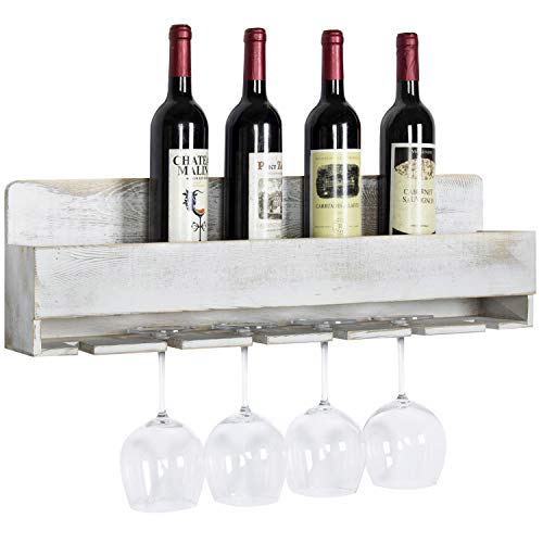 MyGift Rustic Whitewashed Wood Wall Mounted Wine Bottle Holder Shelf and Wine Glass Holder Stemware Storage