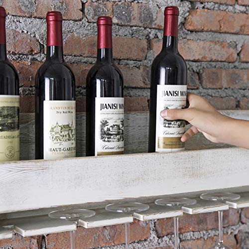 MyGift Rustic Whitewashed Wood Wall Mounted Wine Bottle Holder Shelf and Wine Glass Holder Stemware Storage