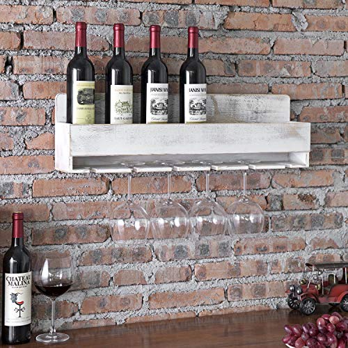 MyGift Rustic Whitewashed Wood Wall Mounted Wine Bottle Holder Shelf and Wine Glass Holder Stemware Storage
