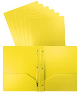 better office products yellow plastic 2 pocket folders with prongs, heavyweight, letter size poly folders, 24 pack, with 3 metal prongs fastener clips, yellow