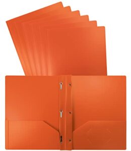 better office products orange plastic 2 pocket folders with prongs, heavyweight, letter size poly folders, 24 pack, with 3 metal prongs fastener clips, orange