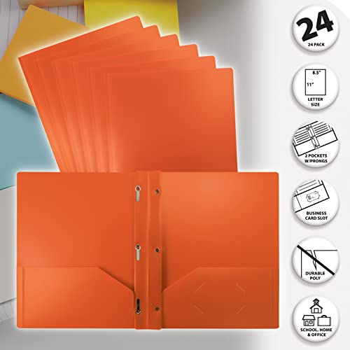 Better Office Products Orange Plastic 2 Pocket Folders with Prongs, Heavyweight, Letter Size Poly Folders, 24 Pack, with 3 Metal Prongs Fastener Clips, Orange