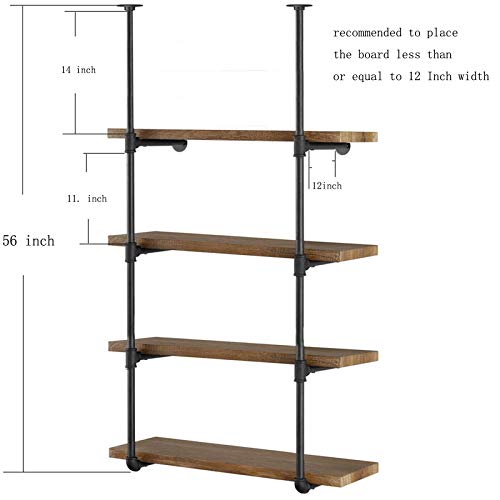 Yuanshikj 2Pc (56" tall 12"deep 3/4") Industrial Wall Mount iron Pipe Shelf Shelves Shelving Bracket Vintage Retro Black Open Bookshelf Bookcase DIY Storage office Kitchen (2 Pcs 4Tier Hardware only )