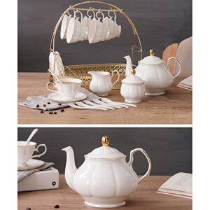 ufengke 15 Pieces Simple White English Ceramic Tea Sets,Tea Pot,Bone China Cups with Metal Holder Matching Spoons,Afternoon Tea Set Service Coffee Set