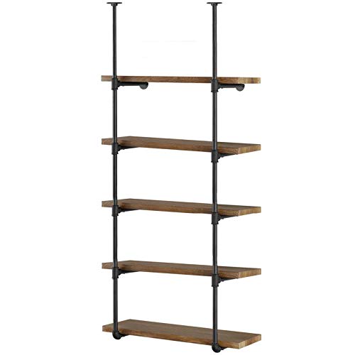 Yuanshikj 2Pc (70" Tall 12" deep 3/4") Industrial Wall Mount Iron Pipe Shelf Shelves Shelving Bracket Vintage Retro Black DIY Open Bookshelf Storage Home Kitchen (2 Pcs 5Tier Hardware only)