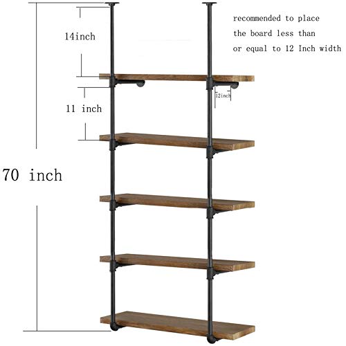 Yuanshikj 2Pc (70" Tall 12" deep 3/4") Industrial Wall Mount Iron Pipe Shelf Shelves Shelving Bracket Vintage Retro Black DIY Open Bookshelf Storage Home Kitchen (2 Pcs 5Tier Hardware only)