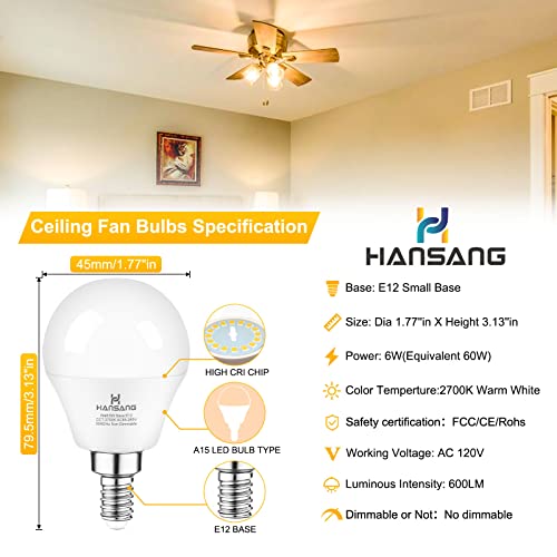 hansang 6 watt (60w Equivalent) LED Bulbs,E12 Small Base Candelabra Round Light Bulb,600 Lumen,Warm White 2700K,A15 LED Bulb Globe Shape,Non dimmable,G45 Ceiling Fan Light Bulbs (6 Pack)