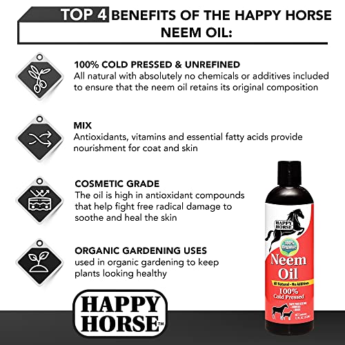 Happy Horse Neem Oil, 100% Cold Pressed and Unrefined, Cosmetic Grade, Add to Horse Fly Spray, 12oz