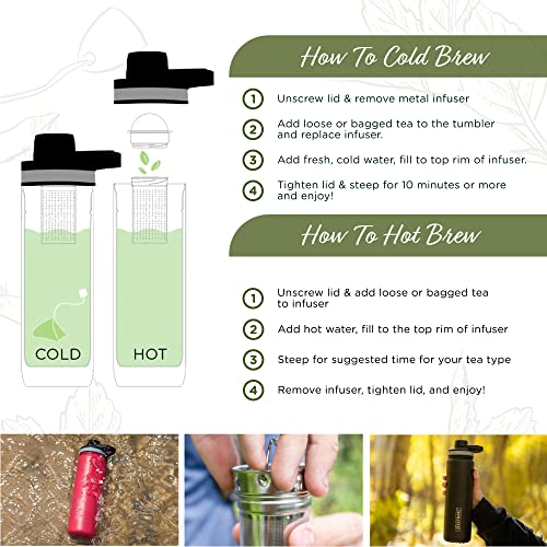 The Tea Spot Steepware Tea Tumbler and Thermos, 22oz, Tea Bottle with tea infuser for loose leaf tea or iced coffee, Sleek Double Wall Tumbler & Insulated Travel Bottle - Black