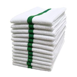 polyte microfiber all-purpose ribbed terry bar mop towel for home, kitchen, restaurant cleaning (14x17, white w/green stripe) 12 pack