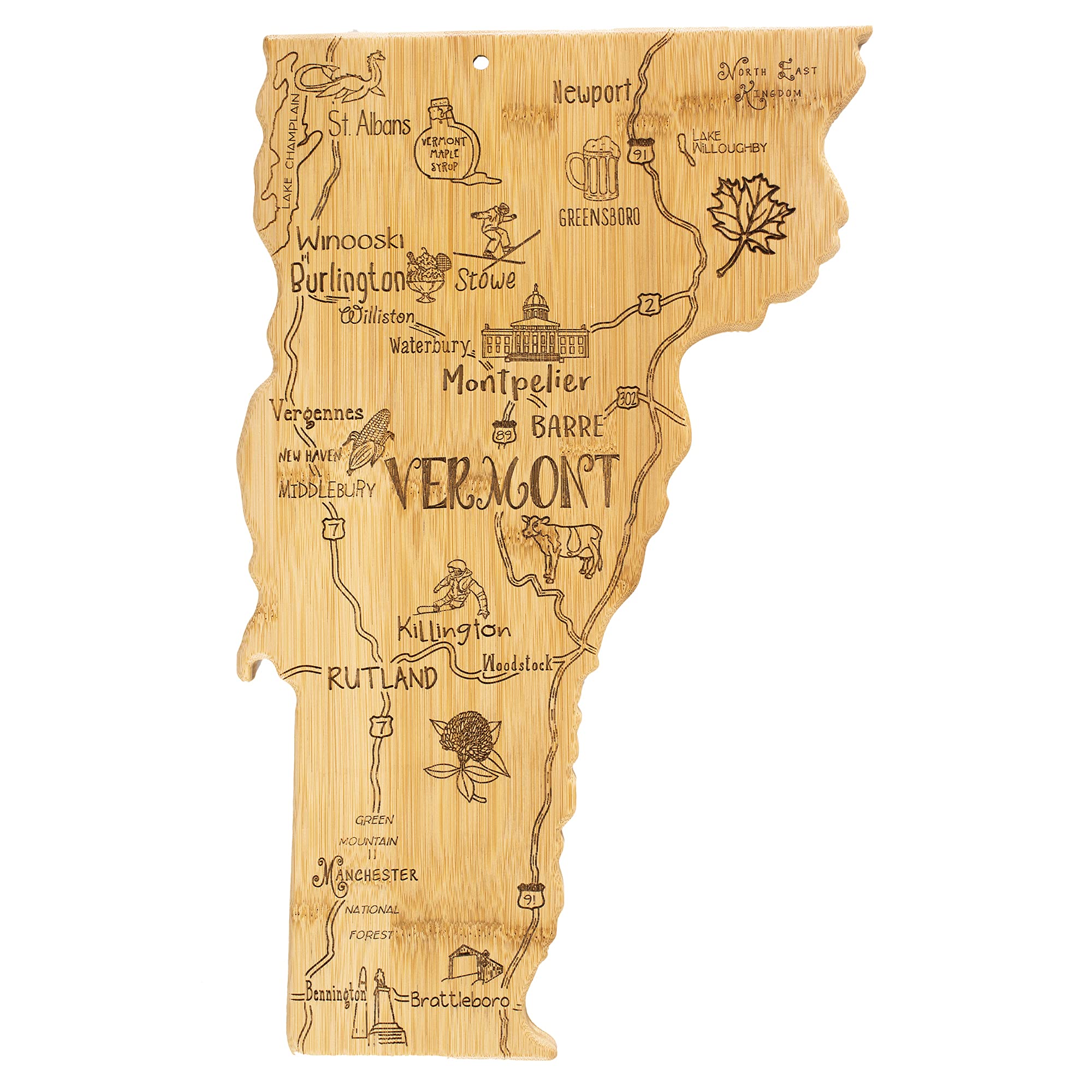 Totally Bamboo Destination Vermont State Shaped Serving and Cutting Board, Includes Hang Tie for Wall Display