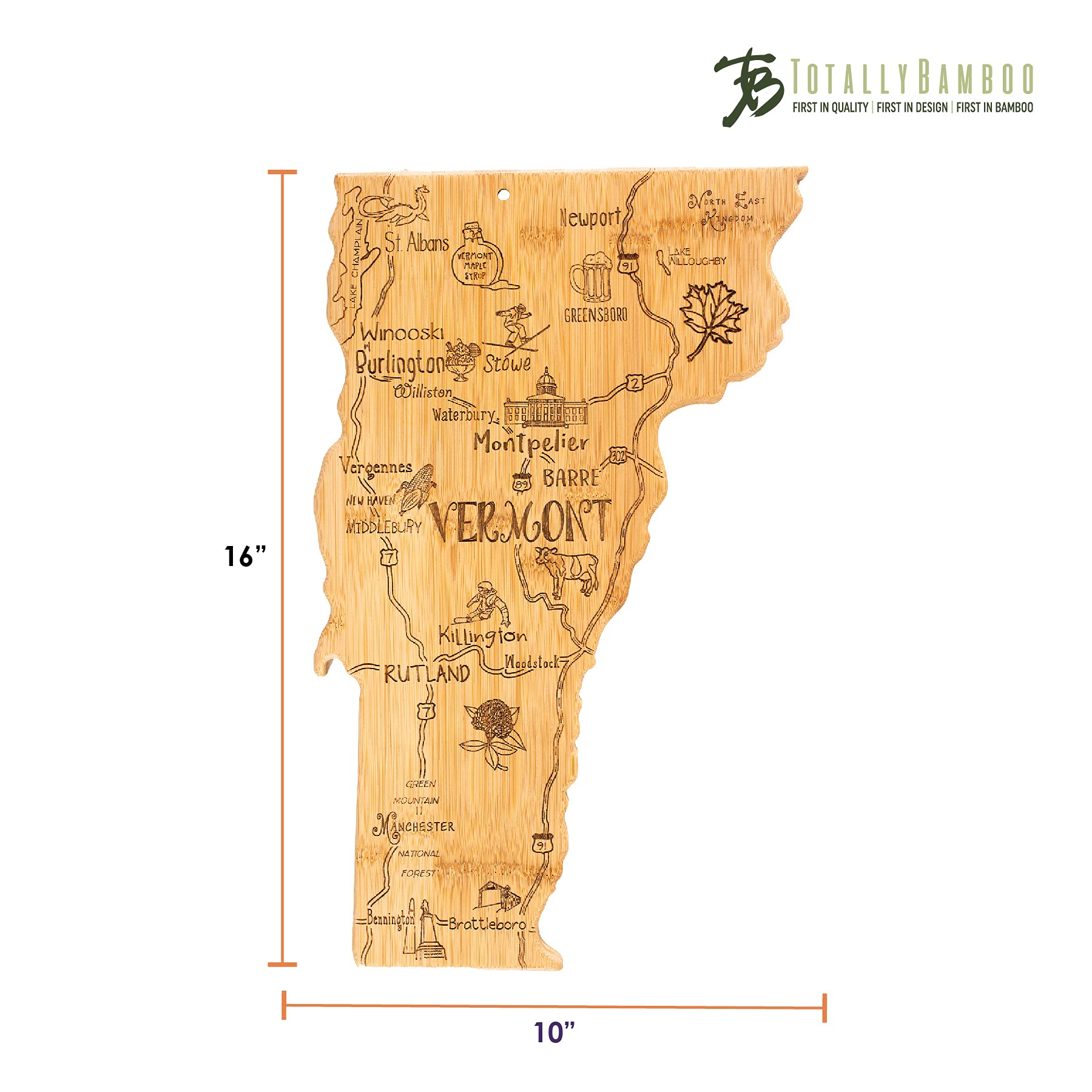 Totally Bamboo Destination Vermont State Shaped Serving and Cutting Board, Includes Hang Tie for Wall Display