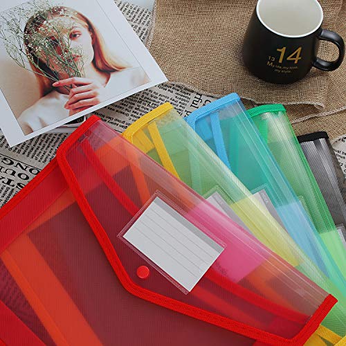 A4 Plastic Wallet Folder Envelope, CertBuy 5 Pack Waterproof Poly Envelope Plastic File Wallet Document Folder with Button Closure for School Office Home - Red Blue Yellow Green Black