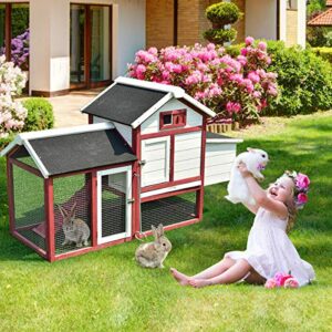 Tangkula 60" Large Rabbit Hutch Wooden White Rabbit Bunny Outdoor Animal Cage Rabbit Hutch House with Black Linoleum Roof