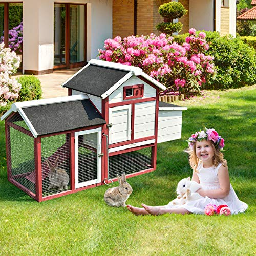 Tangkula 60" Large Rabbit Hutch Wooden White Rabbit Bunny Outdoor Animal Cage Rabbit Hutch House with Black Linoleum Roof