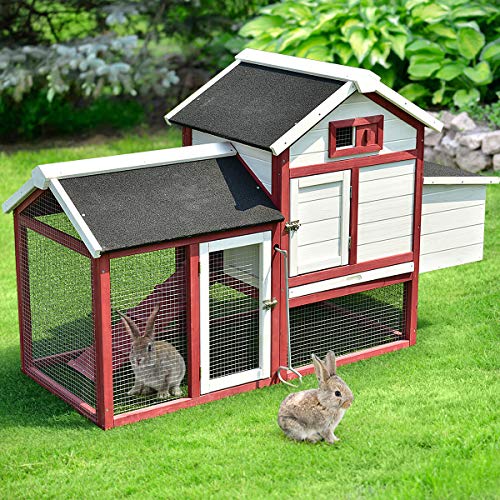 Tangkula 60" Large Rabbit Hutch Wooden White Rabbit Bunny Outdoor Animal Cage Rabbit Hutch House with Black Linoleum Roof