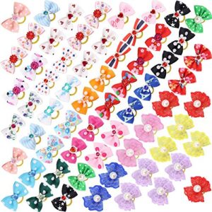 comsmart 60pcs 30 pairs yorkie dog puppy hair bows with rubber bands & rhinestone pearls & handmade lace fabric, cute pet small hair bowknot grooming accessories