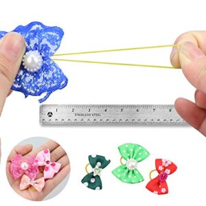 Comsmart 60Pcs 30 Pairs Yorkie Dog Puppy Hair Bows with Rubber Bands & Rhinestone Pearls & Handmade Lace Fabric, Cute Pet Small Hair Bowknot Grooming Accessories