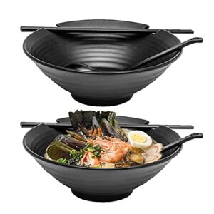 kimi cuisine ramen bowl set of 2, 8pcs total with chopsticks, black melamine bowls with soup ladle spoons, saucer cups and large 37 oz