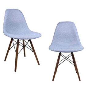 CozyBlock Mid-Century Modern Woven Fabric Upholstered Accent Side Dining Chair with Dark Walnut Wood Eiffel Legs Set of 2 (Denim Blue)