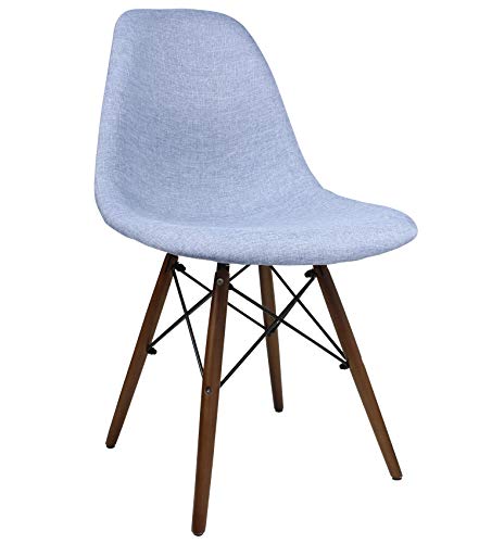 CozyBlock Mid-Century Modern Woven Fabric Upholstered Accent Side Dining Chair with Dark Walnut Wood Eiffel Legs Set of 2 (Denim Blue)