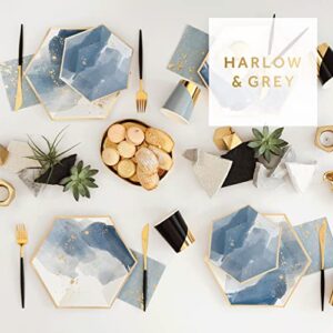 Harlow & Grey Malibu Watercolor Small Party Plates Set, 8 Ct Pack, 8” Elegant Disposable Paper Dinnerware Supplies for Birthday, Wedding, Shower, Anniversary, Engagement, Holiday, Blue & Gold