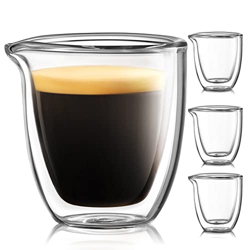 Pouring Espresso Cups Set of 4 - Glass Espresso Cups Shot Glass with Spout 2.7 OZ - Double Espresso Cups - Small Doppio Double Walled Clear Espresso Cups - Expresso Coffee Cup - Espresso Accessories