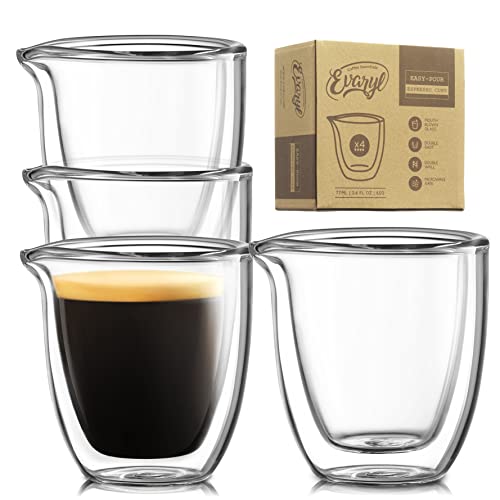 Pouring Espresso Cups Set of 4 - Glass Espresso Cups Shot Glass with Spout 2.7 OZ - Double Espresso Cups - Small Doppio Double Walled Clear Espresso Cups - Expresso Coffee Cup - Espresso Accessories