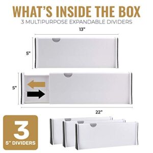 RAPTUROUS Deep Drawer Divider - 5 Inches High, Expands from 13-22 Inch, Adjustable Tall Dividers for Kitchen, Bedroom - Expandable Organizers for Clothes, Baby Dressers - 3 Pack White Deep Separators