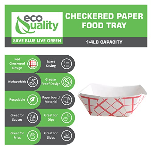 100ct Disposable Paper Food Tray (1/4 LB) - Red Check Food Tray, USA MADE, Recyclable, Biodegradable, Compostable, Great for Picnics, Carnivals, Party, Camping, BBQ, Restaurants, Fries (0.25lb)