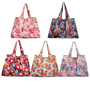 wyxis 5 pack eco friendly large floral tote bag foldable nylon groceries bag fits in pocket