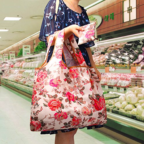 wyxis 5 Pack Eco Friendly Large Floral Tote Bag Foldable Nylon Groceries Bag Fits in Pocket