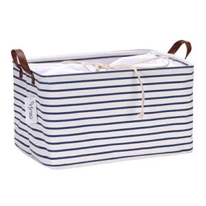 hinwo 31l large storage bins, closet organizers and storage, shelf baskets, foldable clothes storage baskets with handles, containers for clothing, blanket, towels, toys, bedding (navy stripe)
