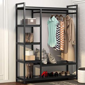 little tree free -standing closet organizer,heavy duty closet storage with 6 shelves and hanging bar, large clothes storage & standing garmen rack, black