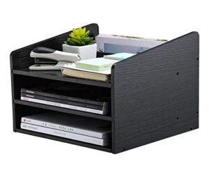 pag wood desktop file organizer mail sorter magazine rack paper holder telephone stand with adjustable drawer, black
