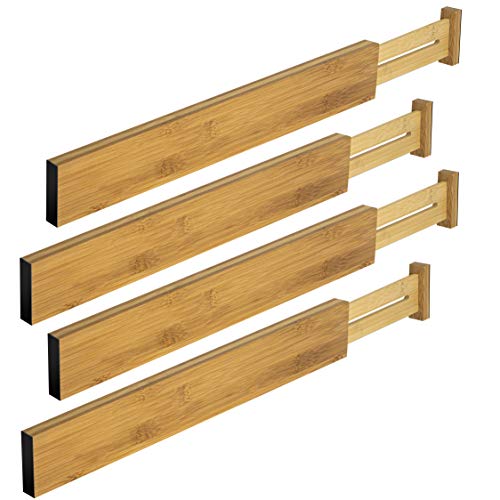 Bamboo Kitchen Drawer Dividers - Adjustable Spring Loaded Drawer Organizers - Drawer separator for Kitchen Utensils, Bedroom Clothes Dresser, Bathroom, and Office - Expands from 17.5" - 22" - 4 Pack