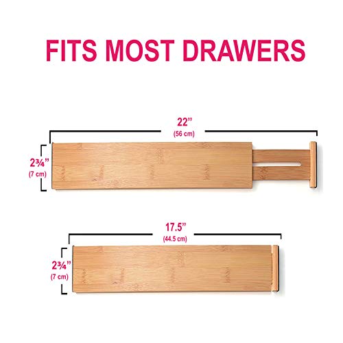 Bamboo Kitchen Drawer Dividers - Adjustable Spring Loaded Drawer Organizers - Drawer separator for Kitchen Utensils, Bedroom Clothes Dresser, Bathroom, and Office - Expands from 17.5" - 22" - 4 Pack