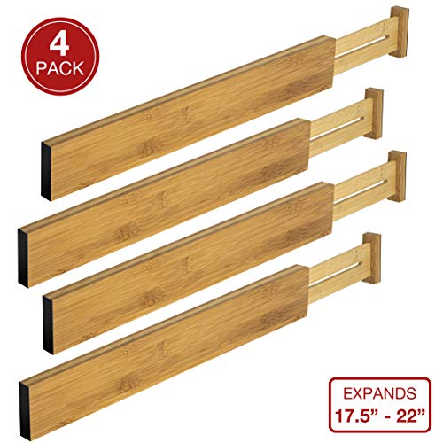 Bamboo Kitchen Drawer Dividers - Adjustable Spring Loaded Drawer Organizers - Drawer separator for Kitchen Utensils, Bedroom Clothes Dresser, Bathroom, and Office - Expands from 17.5" - 22" - 4 Pack