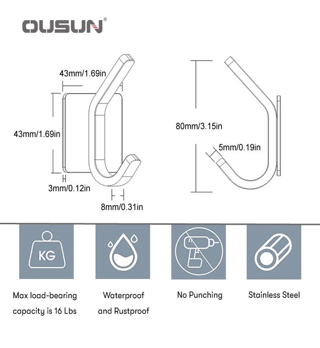 ousun Self Adhesive Wall Hooks Heavy Duty, Brushed Stainless Steel Towel Hook Coat Hook (4-Pack Hooks)