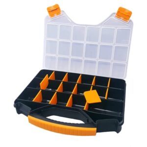 massca hardware organizer box with dividers - 18 compartments small parts organizer with accessible hinged lid - durable plastic screw organizer store nuts, bolts, screws, nails, and small hardware