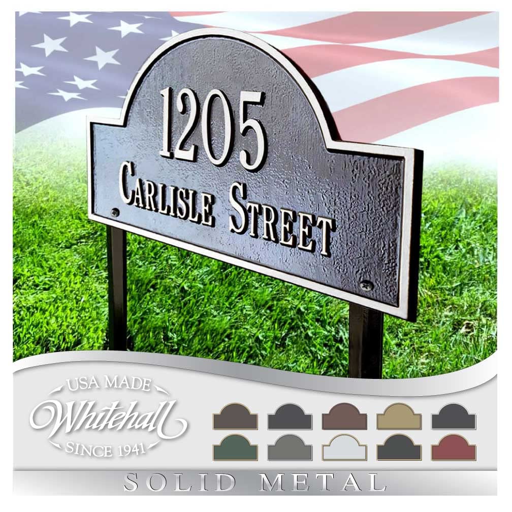 Whitehall™ Personalized Cast Metal Address plaque - LAWN MOUNTED Arch Plaque. Made in the USA. BEWARE OF IMPORT IMITATIONS. Display your address and street name. Custom house number sign.