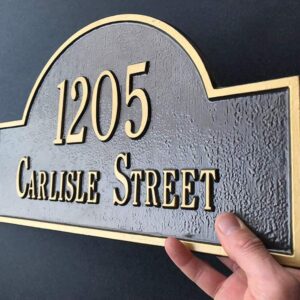 Whitehall™ Personalized Cast Metal Address plaque - LAWN MOUNTED Arch Plaque. Made in the USA. BEWARE OF IMPORT IMITATIONS. Display your address and street name. Custom house number sign.