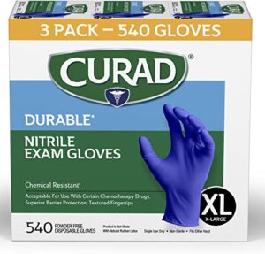 curad nitrile exam gloves, durable, powder free, chemical resistant, x-large, 540 count