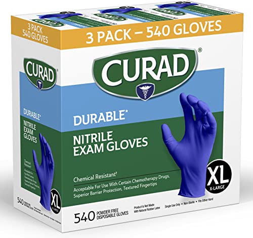 Curad Nitrile Exam Gloves, Durable, Powder Free, Chemical Resistant, X-Large, 540 Count