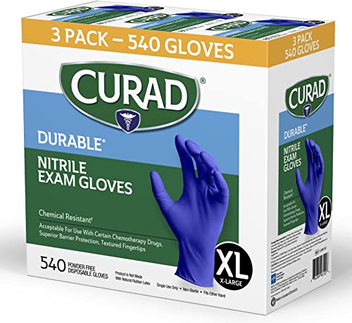 Curad Nitrile Exam Gloves, Durable, Powder Free, Chemical Resistant, X-Large, 540 Count