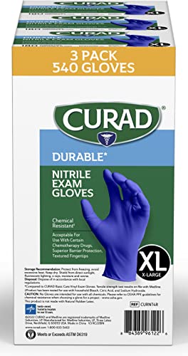 Curad Nitrile Exam Gloves, Durable, Powder Free, Chemical Resistant, X-Large, 540 Count