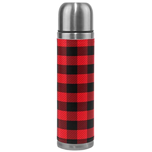 Wamika Checkers Plaids Vacuum Insulated Stainless Steel Water Bottle, Red Black Lattice Geometric Sports Coffee Travel Mug Thermos Cup Genuine Leather Cover Double Walled BPA Free 17 Oz Christmas Gift