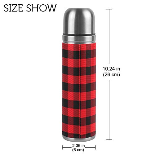 Wamika Checkers Plaids Vacuum Insulated Stainless Steel Water Bottle, Red Black Lattice Geometric Sports Coffee Travel Mug Thermos Cup Genuine Leather Cover Double Walled BPA Free 17 Oz Christmas Gift