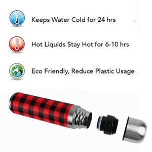 Wamika Checkers Plaids Vacuum Insulated Stainless Steel Water Bottle, Red Black Lattice Geometric Sports Coffee Travel Mug Thermos Cup Genuine Leather Cover Double Walled BPA Free 17 Oz Christmas Gift