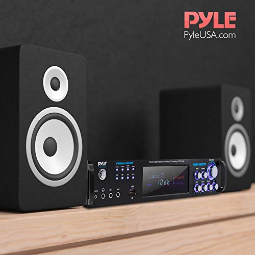 4 Channel Bluetooth Power Amplifier - 1000W Home Audio Rack Mount Stereo Receiver w/AM FM Radio, USB, Headphone, Dual Wireless Mic w/Echo for Karaoke, LED, for Speaker Sound System - Pyle PWMA1003BT